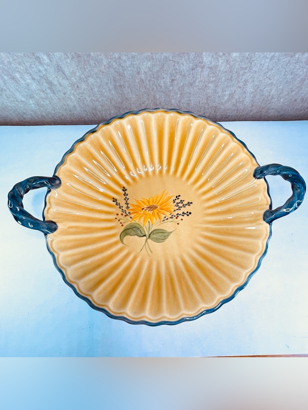 French Faience Fluted Serving Bowl Provence Poët-Laval Handle Made in France